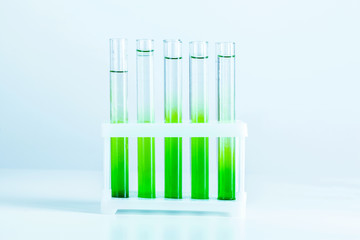 Green liquids in test tubes in chemical laboratory close up