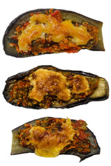 Three  baked stuffed eggplant with mayonnaise and cheese . Turkish and Balkan cuisine. Isolated image on a white background.