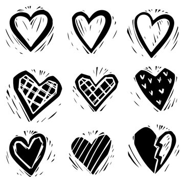 Abstract heart hand drawn silhouette illustrations set