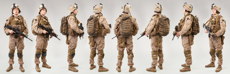 US marines forces soldiers with rifles on grey background. Shot in studio. Collage