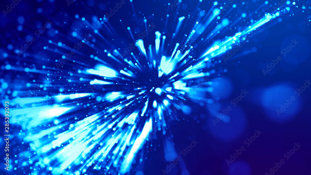 Poster 3d rendering of abstract blue background with glowing particles like micro world science fiction wit