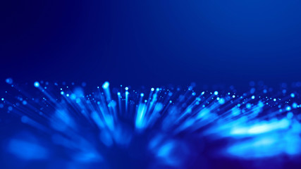 3d rendering of abstract blue background with glowing particles like micro world science fiction with depth of field and bokeh. Blue light rays like laser show for bright festive presentation