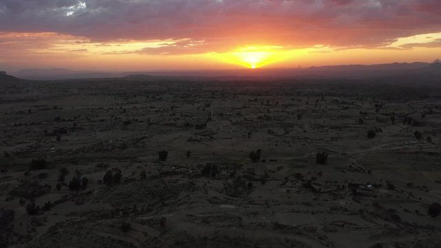 Sunset aerial view of desert landscape in Tigray region in Ethiopia