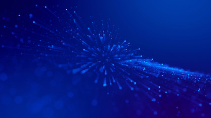 3d rendering of abstract blue background with glowing particles like micro world science fiction with depth of field and bokeh. Blue light rays like laser show for bright festive presentation