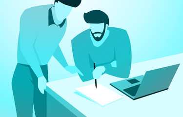 Businessman and Employee Discussing Business with Paper Laptop Illustration