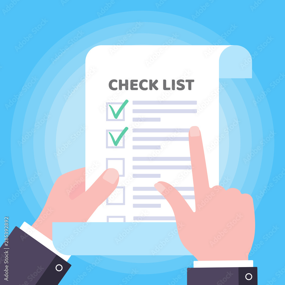 Poster hand hold page of paper with check list claim form to fill out, text on, check marks tick v and cros