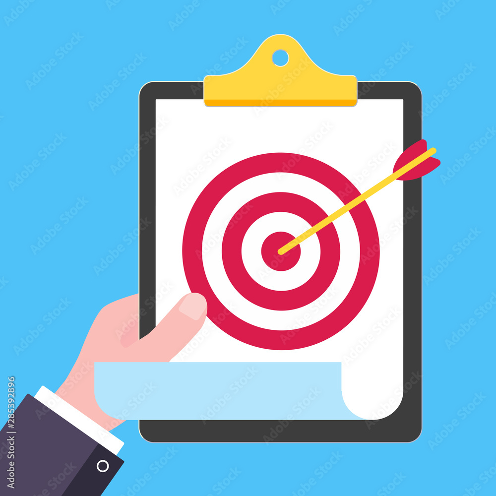 Poster hand hold clipboard and paper sheet with target symbol on it flat style design vector illustration i