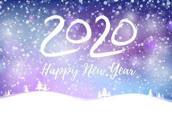 2020 happy new year postcard with falling snow on blue sky, frozen numbers 2020, snowdrifts, flat style design vector illustration on mesh background. Year of the metal rat.