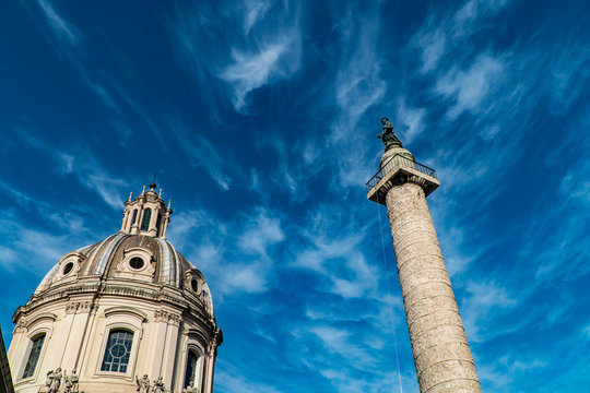 Trajan's Column (Colonna Traiana) in Rome, Italy and Chiesa del Santissimo Nome di Maria