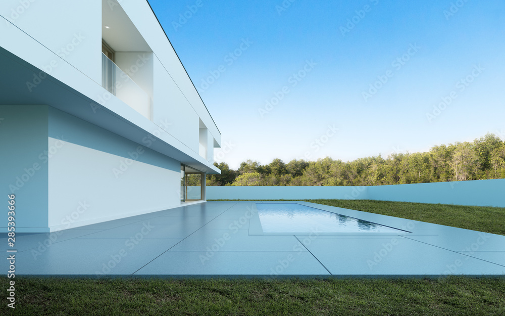 Poster perspective of white modern luxury house with swimming pool and lawn yard in day time, idea of minim