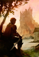 chevalier avec épée assis devant un chateau médieval © nyothep