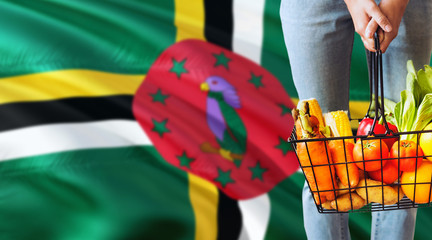 Woman is holding supermarket basket, Dominica waving flag background. Economy concept for fresh...