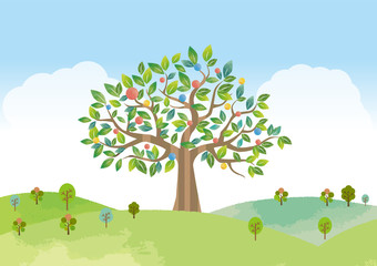 大木　木　自然　エコロジー　風景　景色　水彩　手書き　背景素材　丘　自然