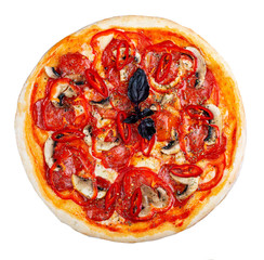 Diabola pizza with chorizo and chili. Spicy dish. On the stone table