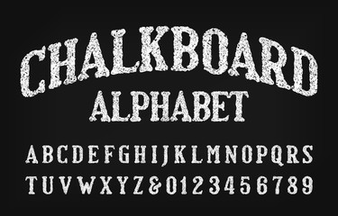 Chalkboard alphabet font. Vintage uppercase letters and numbers. Stock vector typeface.