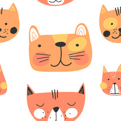 Fototapeta premium Cute hand drawn cats faces, childish print. Best for t-shirt, poster, wrapping paper, decoration. Vector illustration in scandinavian style.
