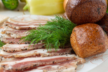 Dried brisket with rye buns or bread for breakfast.