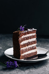 Slice of chocolate cake with lilac flowers as a dark style decor