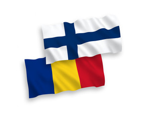 Flags of Romania and Finland on a white background