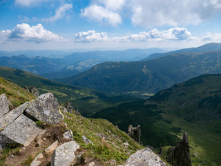 Mountain valley during sunrise / sunset. Natural summer landscape. Colorful summer landscape in the Carpathian mountains.