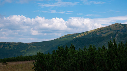 Mountain valley during sunrise / sunset. Natural summer landscape. Colorful summer landscape in the Carpathian mountains.
