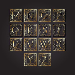 letters alphabet in square frame with leafs