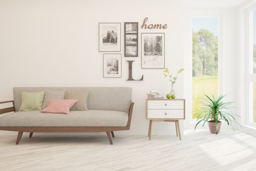 Stylish room in white color with sofa. Scandinavian interior design. 3D illustration