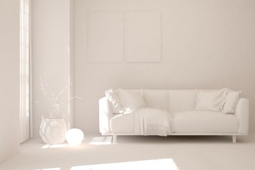 Mock up of stylish room in white color with sofa. Scandinavian interior design. 3D illustration