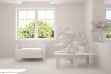 Mock up of stylish room in white color with armchair and green landscape in window. Scandinavian interior design. 3D illustration