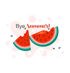 Slices of watermelon on a background of juice. Bye, summer! The concept of the summer season. Sliced ripe red watermelon with seeds. Fruit illustration for farm market menu.