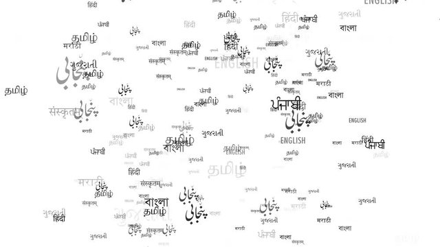Graphics showing Multiple Languages on white background Spoken in India- english,Hindi,Gujarati, Marathi, Bengali, Urdu, sanskrit, tamil