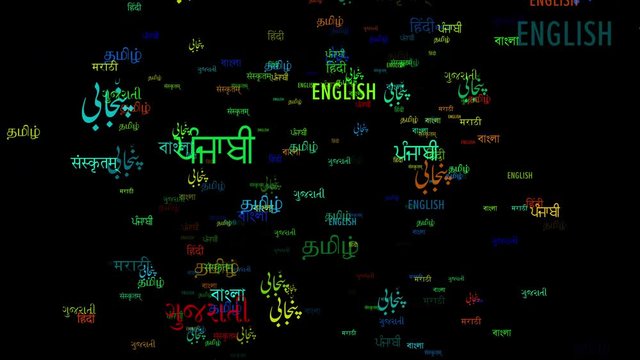 Multi Color Graphics showing Multiple Languages in multi color Spoken in India- english,Hindi,Gujarati, Marathi, Bengali, Urdu, sanskrit, tamil