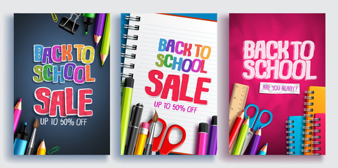 Back to school sale vector poster design set with colorful school supplies, educational items and sale text for shopping discount promotion. Vector illustration.