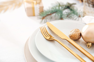 Beautiful table setting for Christmas dinner, closeup
