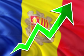 Andorra economy graph is indicating positive growth, green arrow going up with trend line. Business concept on national background.