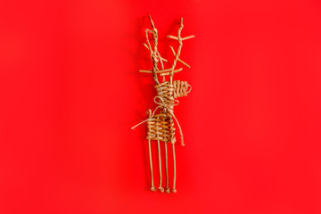 Obraz premium New Year Christmas presents wrapped ribbon flat lay top view Xmas holiday 2019 celebration handmade gift boxes red paper golden sparkles background copyspace. Template mockup greeting card text design