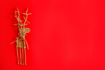 New Year Christmas presents wrapped ribbon flat lay top view Xmas holiday 2019 celebration handmade gift boxes red paper golden sparkles background copyspace. Template mockup greeting card text design