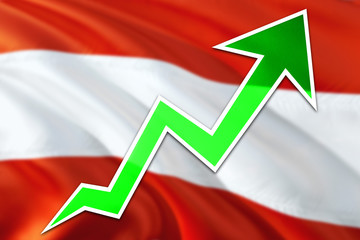 Fototapeta premium Austria economy graph is indicating positive growth, green arrow going up with trend line. Business concept on national background.