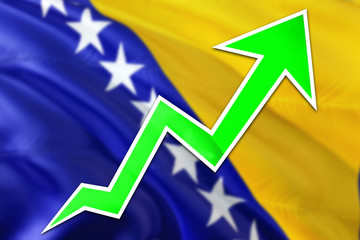 Bosnia Herzegovina economy graph is indicating positive growth, green arrow going up with trend line. Business concept on national background.