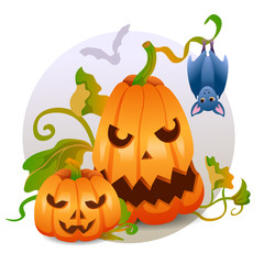 Halloween Poster. Pumpkin characters and bats. Composition. Banner for All Saints Day. Charismatic characters.