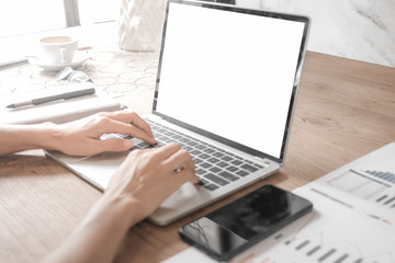 Mockup image of close up business woman working with smartphone laptop and documents in office, mockup concept