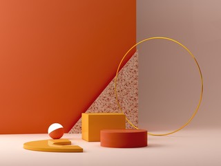 Minimal podium in ocher colors. Scene with geometrical forms. Gold ring, terrazzo wall, sphere with light and boxes. Orange and yellow, autumn scene. Minimal background to show products. 3d render