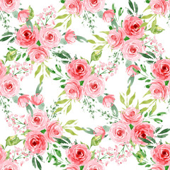 Fototapeta na wymiar Seamless pattern, floral texture with watercolor flowers roses and leaves. Repeating fabric wallpaper print background. Perfectly for wrapping paper, backdrop, frame or border. 