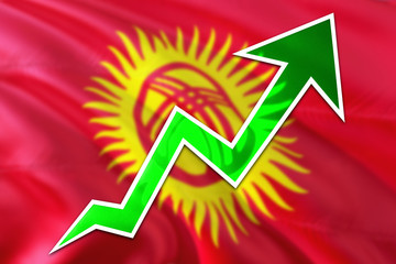 Kyrgyzstan economy graph is indicating positive growth, green arrow going up with trend line....