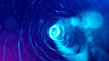 3d rendering background of glowing particles that form curved lines and 3d surfaces, grid with depth of field, bokeh. Microworld or sci-fi theme. Blue spherical structures