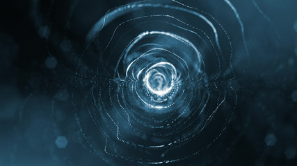 3d rendering background of glowing particles that form curved lines and 3d surfaces, grid with depth of field, bokeh. Microworld or sci-fi theme. Dark blue spherical structures