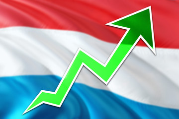 Luxembourg economy graph is indicating positive growth, green arrow going up with trend line. Business concept on national background.