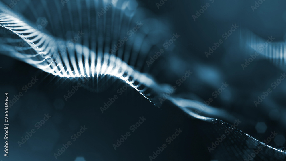 Poster 3d rendering background of glowing particles that form curved lines and 3d surfaces, grid with depth