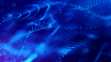 3d rendering background of glowing particles that form curved lines and 3d surfaces, grid with depth of field, bokeh. Microworld or sci-fi theme. Blue strings
