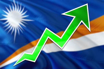 Marshall Islands economy graph is indicating positive growth, green arrow going up with trend line....